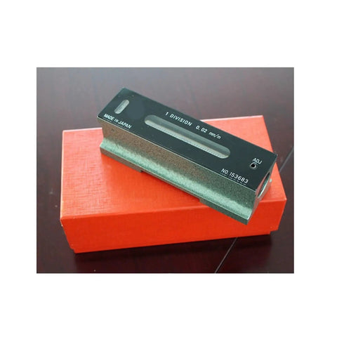 Rock Solid Sensitive Plane Level Dial Indicator Gauge on red box, made in Japan, precision measurement tool for industrial use.