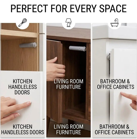 Image shows Hidden Magnetic Push Latches For Cabinets And Closets, 10 Pack Gray Cabinet Door Latch Kit used in kitchen, living room, bathroom cabinets.