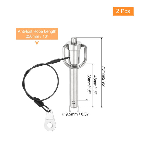 Two Pack Quick Release Pins Three Eighths Inch Diameter By One And A Half Inch Length Push Button Ball Locking Pins With Ring Handle And Wire Stainless Steel 304 Marine Grade For Bimini Tops Boat Accessories And Marine Audio, featuring dimensions and anti-lost rope.