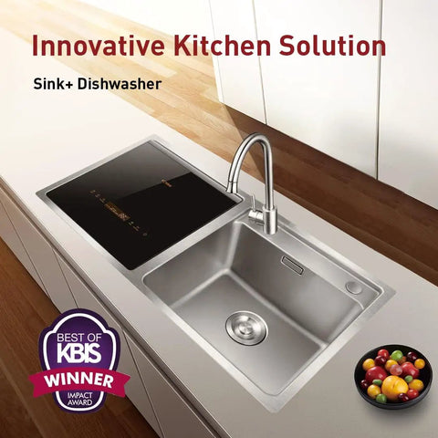 All In One Stainless Steel In Sink Dishwasher And Kitchen Sink Combo that features a modern faucet and compact design.
