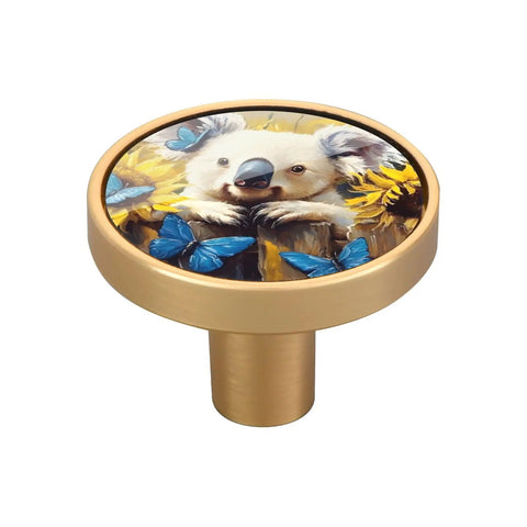 Dope Koala Sunflower Butterfly Cabinet Knob Set with acrylic back and gold zinc finish, featuring koala and butterfly design