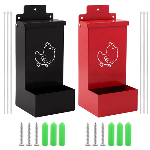 No Sweat Auto Fill Metal Chicken Grit Feeder Slick Oyster Shell Dispenser With Tight Lid in black and red colors