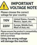 Voltage note with a warning symbol, showing countries for 110V and 220V power compatibility, emphasizing correct voltage choice.
