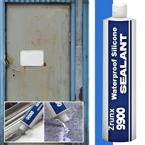 Heavy Duty 9900 White Silicone Structural Sealant Waterproof Adhesive For Roofing Bathroom Construction DIY Repairs Knockout Bonding Compound Game Changer Caulking Tube seen with door and application on surfaces.