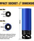17mm Half Inch Drive Wheel Protector Impact Socket Set Non Marring Lug Nut Thin Wall Deep Sockets Chrome Molybdenum Steel 6 Point Color Coded Protective Sockets For Wheel Hub Tire Changes Racing And High Performance Vehicles dimensions and features displayed.