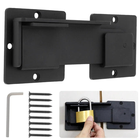 Big Time Security Seven Point Six Inch Aluminum Flip Latch Lock For Exterior Gate And Door With Heavy Duty Alloy Build, showing black latch and padlock.
