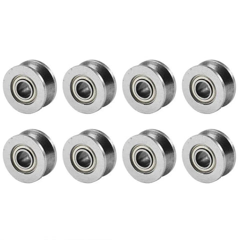 10 Pack V624ZZ Sealed Ball Bearings And V Groove Guide Pulleys Top Shelf Bearing Steel featuring shiny steel units arranged in two rows.