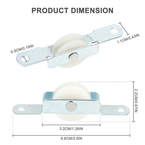 Product dimensions of 10 Pack Sliding Door Rollers With Premium Nylon Pulley Wheels Complete Replacement Kit, showing measurements.