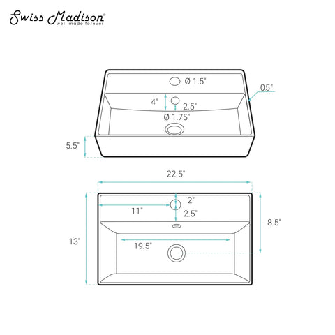 Technical drawing for Claire Ceramic Wall Mounted Sink, A Real Space Saver For Small Bathrooms, Built To Last With Non Porous Scratch Resistant Ceramic, Easy Clean Finish, Adjustable Height Wall Mount, Modern White Look That Feels Fresh And Contemporary.