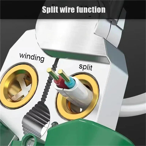 Close-up of 8-In-1 Electric Wire Stripping Machine Multifunction Pliers Tool showing split wire function with colored wires.