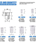 Aluminum Rivet Nut Set Kit 110Pcs Flat Head Threaded Nutsert Inserts M3 M4 M5 M6 M8 M10 size chart and quantity