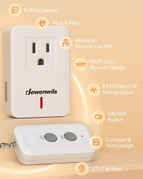 Wireless Remote Control Outlet Plug Power Switch Kit With 1 Remote And 4 Outlets 100ft RF Range No Sweat Easy Plug And Play Setup Compact Design ETL Listed White Ideal For Elderly And Limited Mobility, showing remote and outlet features.