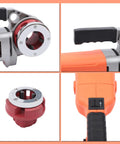 Close-up of Badass 2300W Electric Pipe Threader 110V showing swappable dies and control switch for easy threading.