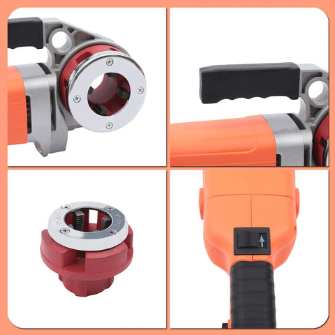Close-up of Badass 2300W Electric Pipe Threader 110V showing swappable dies and control switch for easy threading.