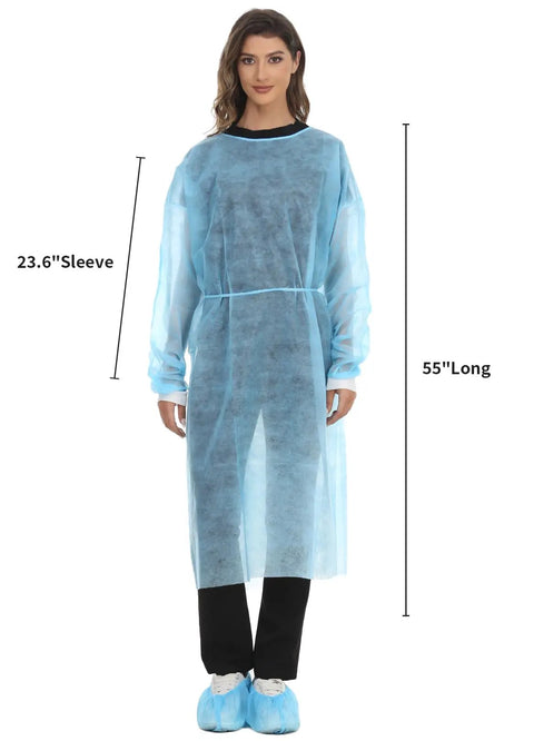 Disposable Isolation Gown Polypropylene Lab Gown With Knit Cuff Long Sleeve Lightweight Yet Durable One Size Fits Most Pack Of 15 For Hospitals Clinics And Home Labs worn by a person showing measurements.