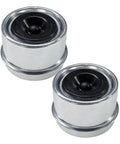Pair Of 1.98 Inch Trailer Axle Wheel Hub Bearing Dust Caps forged from tough galvanized steel with rubber plugs for reliable use.