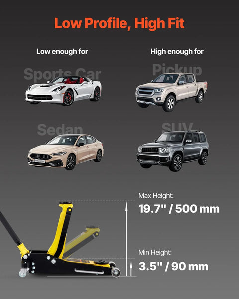 VEVOR 3-Ton low-profile floor jack in yellow and black with dual pistons
