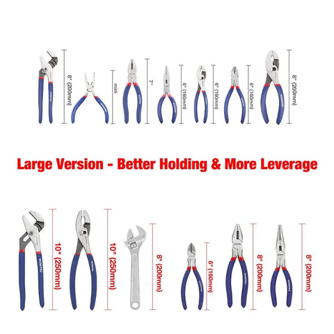 Large Six Piece Pliers And Wrench Set For DIYers And Home Use With 10 Inch Water Pump Pliers, 10 Inch Slip Joint Pliers, 8 Inch Long Nose Pliers, 8 Inch Linesman Pliers, 6 Inch Diagonal Cutters, And 8 Inch Adjustable Wrench