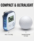 3S Plus Talking Golf GPS Rangefinder With Clip On Hat Mount Slope On Off Audible Yardage next to golf ball for scale.