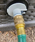 Close-up of Three Quarter Inch Female To Female Garden Hose Adapter Kit With Solid Brass Construction Swivel Connectors in use