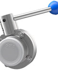 1.5-inch stainless steel sanitary butterfly valve with pull handle and blue knob for tri-clamp connections