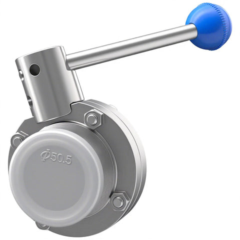 1.5-inch stainless steel sanitary butterfly valve with pull handle and blue knob for tri-clamp connections