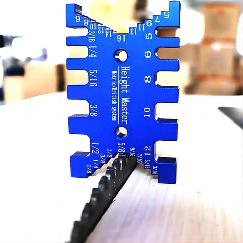 Pro Grade High Precision Aluminum Dovetail Caliper And Tenon Gauge For Woodworking Measuring Height And Gaps, Metric And Imperial, CNC Machined Aluminum Tool For Saw Tables And Machines MG016B blue aluminum height gauge on table saw blade