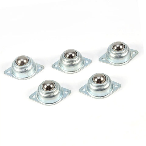 Ball Transfer Bearing Set Built For Heavy Duty Use With Flexible Rolling Steel Balls Zinc Plated For Conveying System And Bin Plate Fitment 5 Pieces Linear Motion Components For Smooth Material Handling. 5 zinc-plated ball transfer bearings on white