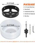 Bi-Metal Six And A Quarter Inch Hole Saw Kit With Dust Bowl Catcher For Recessed Lighting includes saw, dust bowl, arbor, bit, hex key.