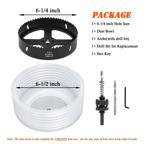 Bi-Metal Six And A Quarter Inch Hole Saw Kit With Dust Bowl Catcher For Recessed Lighting includes saw, dust bowl, arbor, bit, hex key.