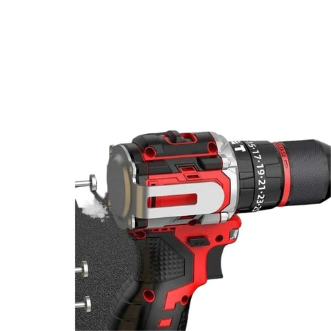 Close-up of Badass Brushless Cordless Drill Driver with rugged design, showing detailed motor and size for powerful 120 Nm torque.