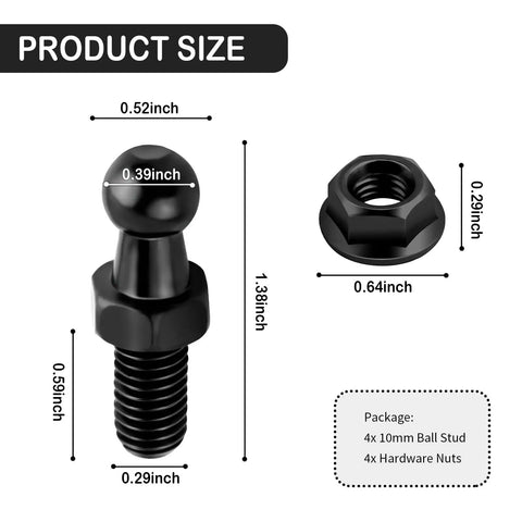 Set Of 4 Ball Studs For Gas Struts With Hardware Nuts, 5 Sixteen By 18 Thread, dimensions, carbon steel, black, heavy duty car mounts
