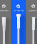 Front view of white plastic oxygen tubing swivel connector, 5-pack, with compatible tubes.