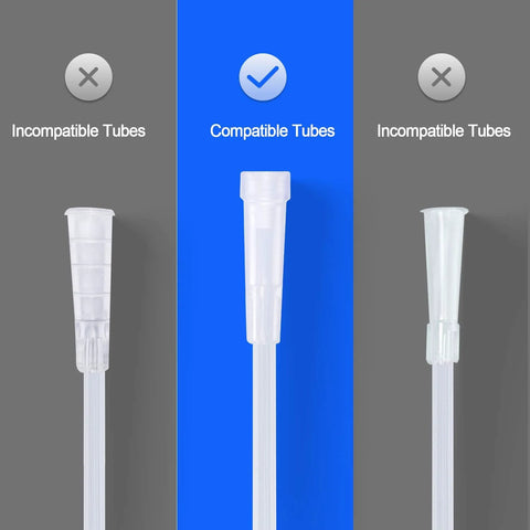 Front view of white plastic oxygen tubing swivel connector, 5-pack, with compatible tubes.