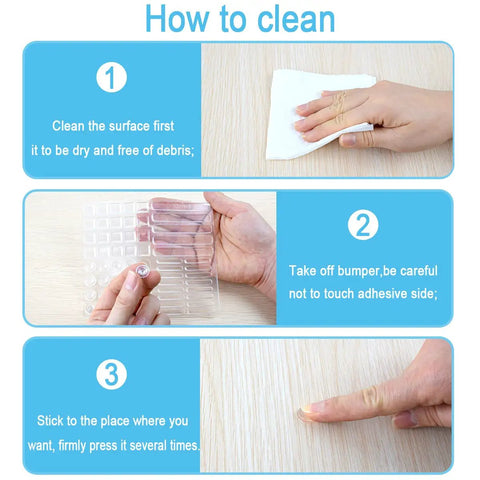 Instructions for Clear Cabinet Door Bumpers Kit, 61 Pieces Self Adhesive Soft Rubber Pads In Four Sizes application process.