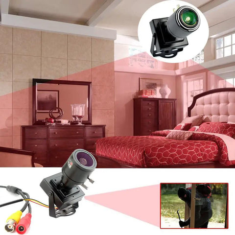 Compact Bullet Security Camera 960H 1000TVL HD With 2.8 To 12mm Varifocal Lens in a bedroom setting for indoor surveillance