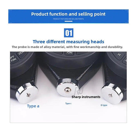 Dead Reliable Digital Durometer And Rubber Hardness Tester With Shore A C D Pointer Dial showing three measuring heads made of alloy material.