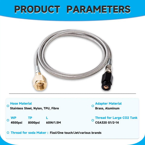 CO2 Tank Direct Adapter With 60 Inch Stainless Steel Hose CGA320 To TR21-4 for soda makers shown with adapter materials