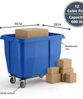 Solid Build Blue Cube Truck 12 Cubic Feet Heavy Duty Rolling Garbage Wagon With Easy Glide Swivel Casters Industrial Grade Laundry Cart For Warehouse Trash Hauling with cardboard boxes.
