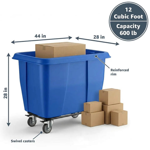 Solid Build Blue Cube Truck 12 Cubic Feet Heavy Duty Rolling Garbage Wagon With Easy Glide Swivel Casters Industrial Grade Laundry Cart For Warehouse Trash Hauling with cardboard boxes.