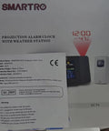 Packaging of Projection Alarm Clock With Weather Station And Wireless Indoor Outdoor Thermometer, red projection feature shown.