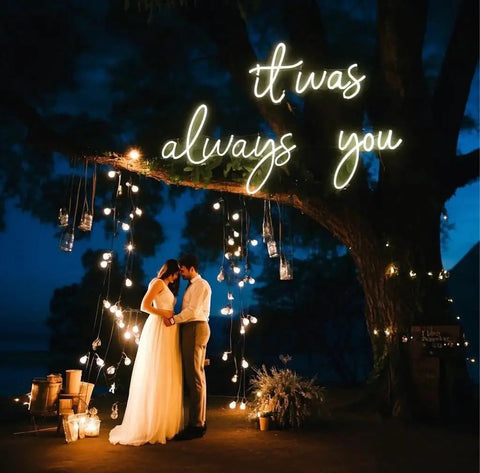 Couple under Custom Neon Sign LED Light Up Name Sign Personalized For Weddings Bars Salons And Businesses Lit Name Decor