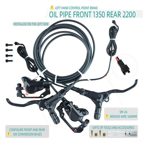 Heavy Duty Hydraulic Disc Brake Kit For Electric Kick Scooters Featuring twin calipers, oil pipes, and control levers.
