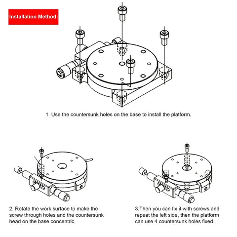 RS60 L Manual Rotary Stage R Axis Platform installation diagram with countersunk holes and screws for optical adjustment