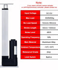 Image of Rock Solid 800N Electric Linear Actuator DC 12V with specifications showing 50-1000mm stroke and aluminum alloy material.