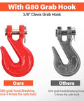 Heavy Duty G80 Chain Binder Set 3/8 to 1/2 Inch With 3/8 Inch By 10 Foot Chain, showing red G80 grab hook comparison with G70 hook