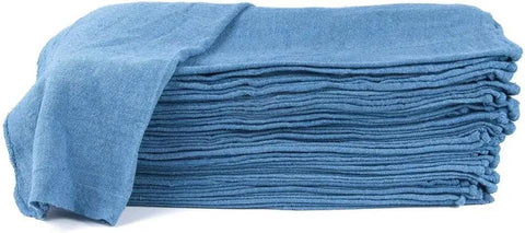 Stack of Blue 12x14 Inch Shop Towels Set Of 50 Reusable 100 Percent Cotton Cleaning Cloths for auto shop and industry use.