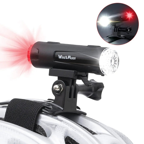 All In One 2 In 1 Rechargeable Helmet Light with bracket, front and rear LEDs, mounted on a helmet, IP66 waterproof, 5 modes