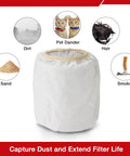 2 Pack Dacron Cloth Filter Replacements For Most Wet Dry Vacuums 5 Gallon And Up with icons for dirt, dander, hair, sand, smoke