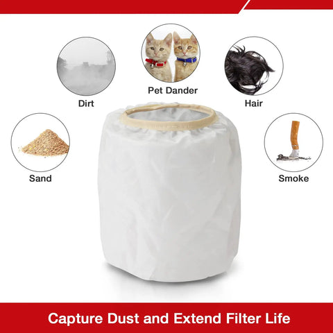 2 Pack Dacron Cloth Filter Replacements For Most Wet Dry Vacuums 5 Gallon And Up with icons for dirt, dander, hair, sand, smoke